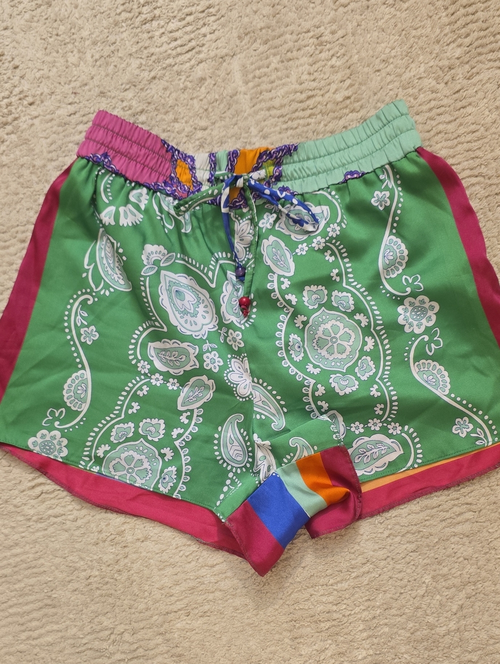 Zara Green Paisley Athletic Shorts with Pink Trim